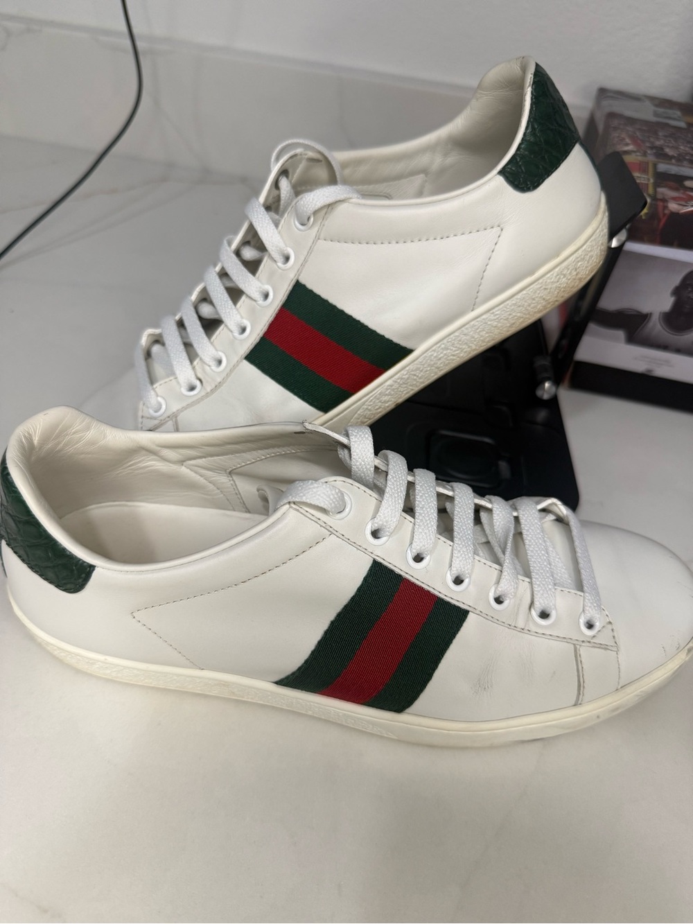 Authentic Gucci Ace Web Sneakers Women 38.5 US 8.5 White Leather